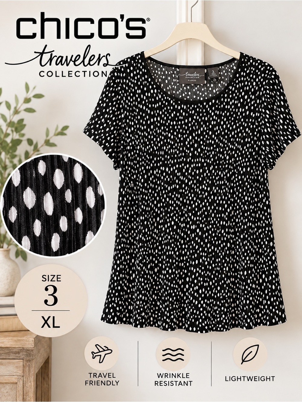 Chico's Travelers Collection Polka Dot Pleated Top Size 3 XL Black White